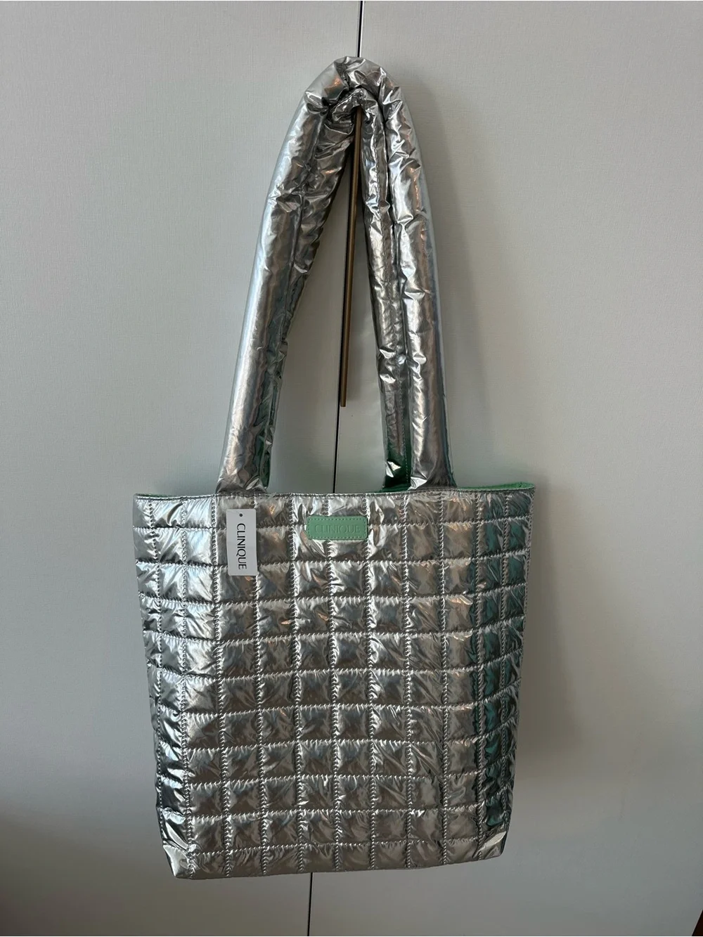 Clinique Metallic Silver Quilted Tote with Mint Accent